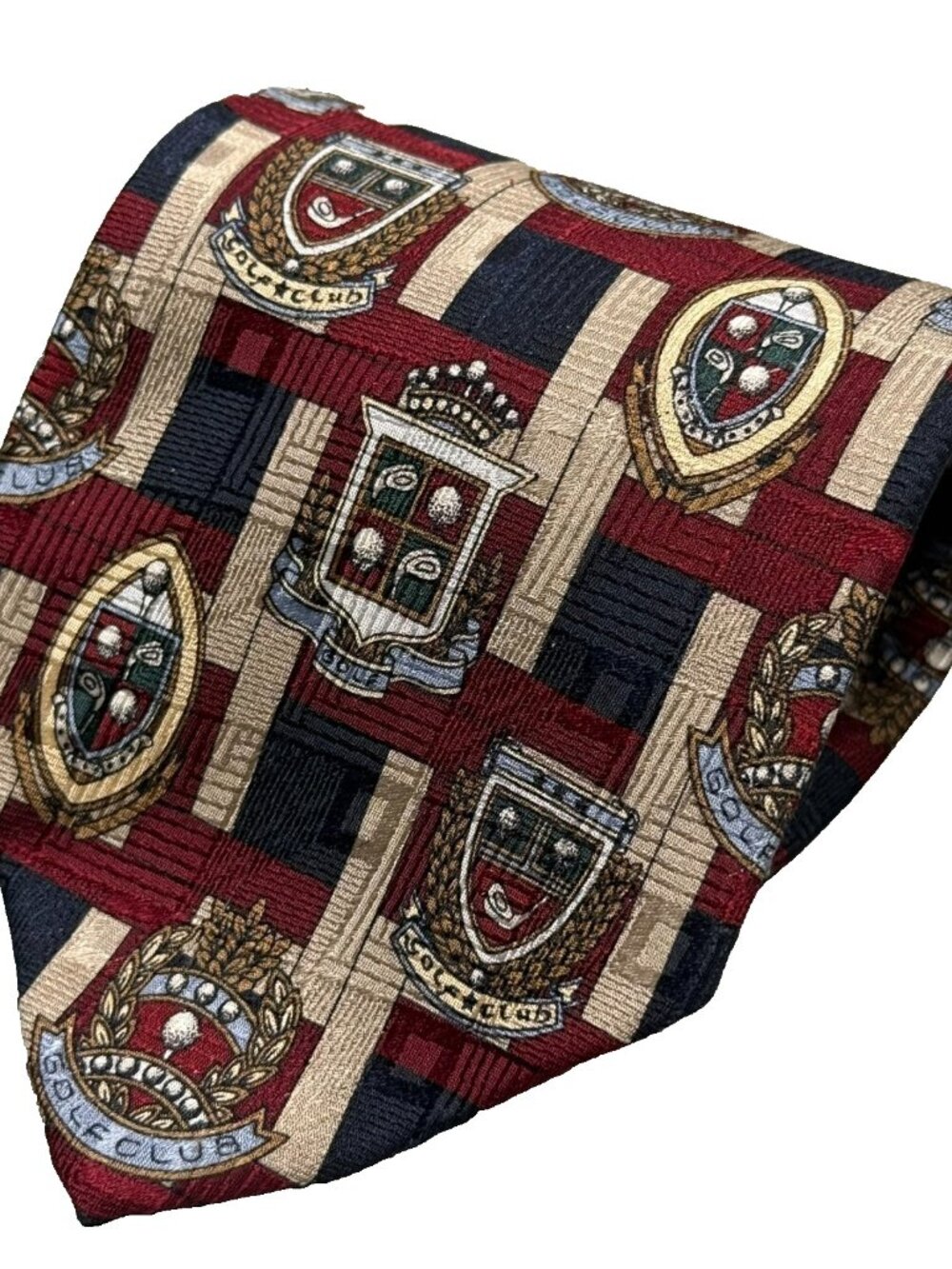 Essex Row Neck Tie 100% Silk Golf Club Crest Pattern Satin USA Made 3.75"